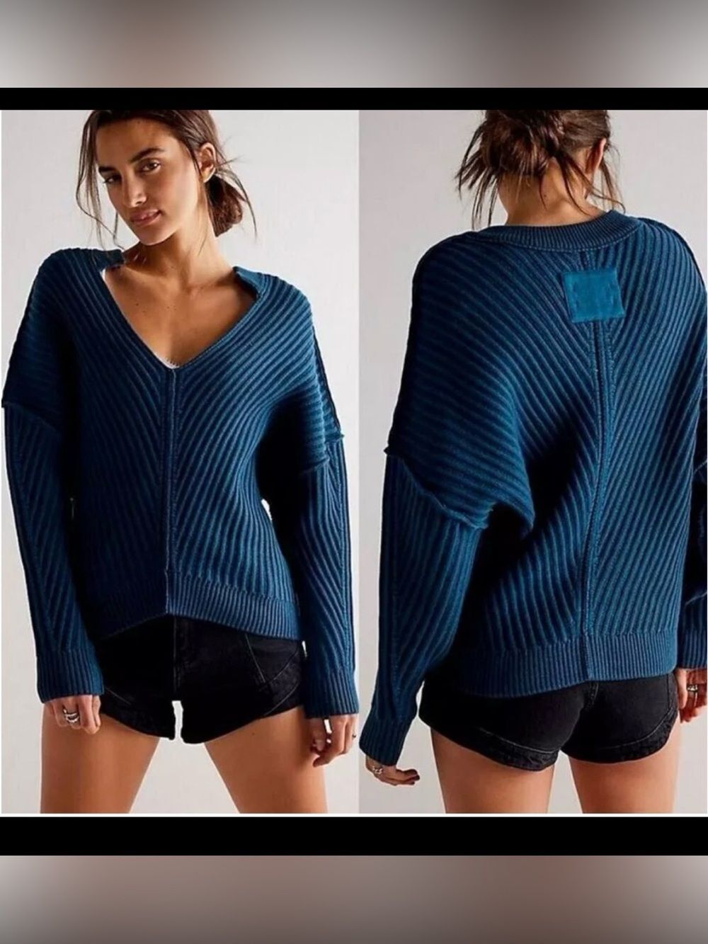 We The Free Freeway V Neck Sweater Teal Blue Size S